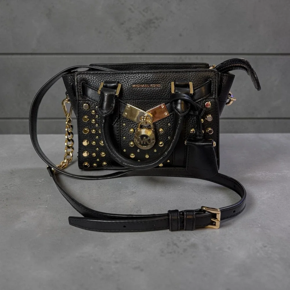 Michael Kors Hamilton Mini Messenger Black Pebbled Leather Studded Crossbody Bag